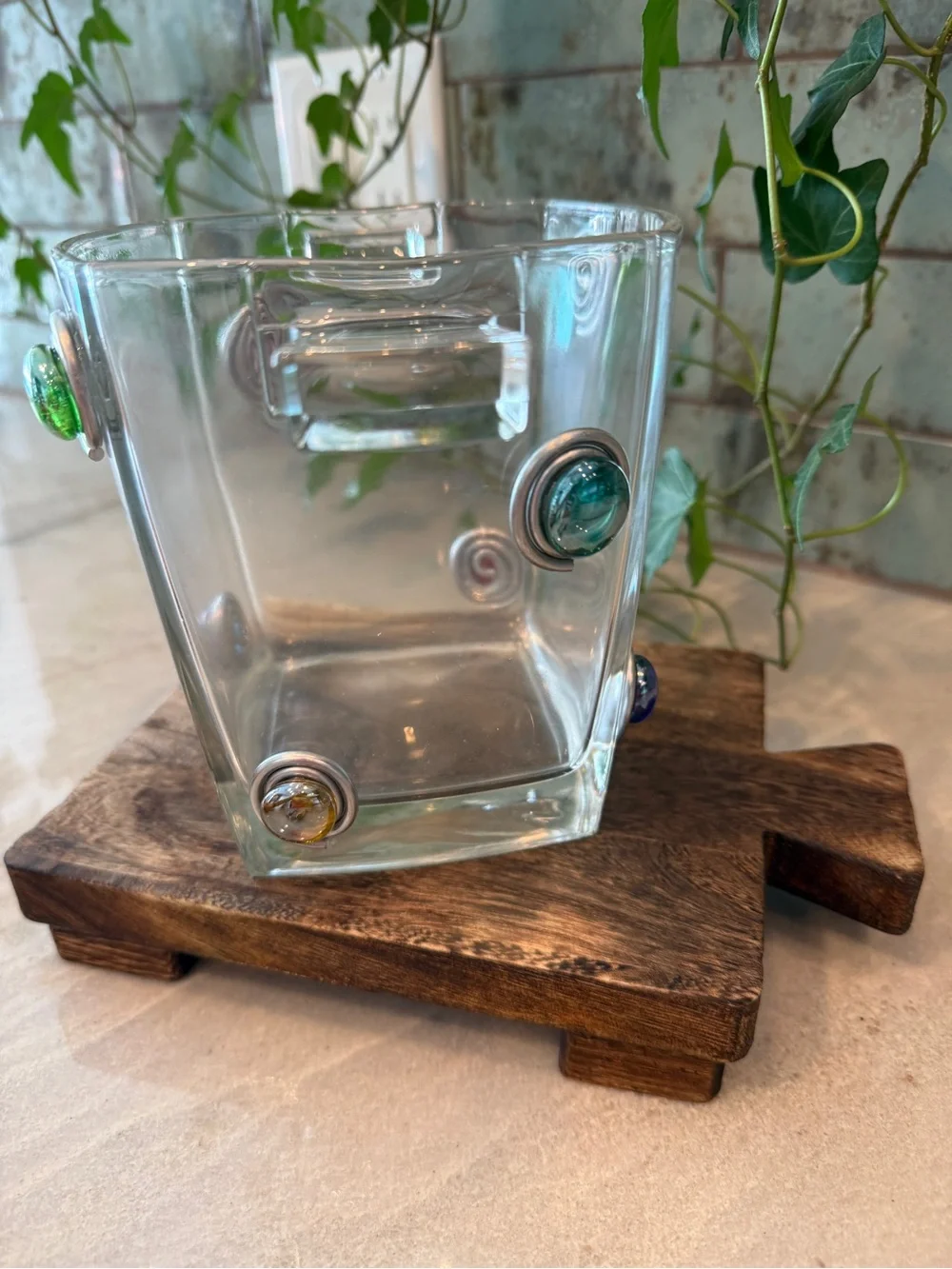 Handcrafted Wire-Wrapped Jeweled Glass Ice Bucket Set with Matching Tongs